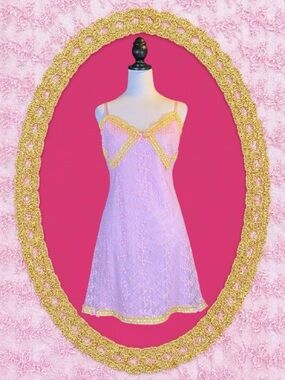 Betsey Johnson NWT Coquette Dollette Pink Gold Floral Lace Bow Slip Mini Dress L